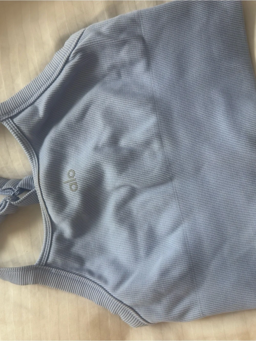 ALO Yoga Pale Blue Ribbed Sports Bra and Matching Shorts Set